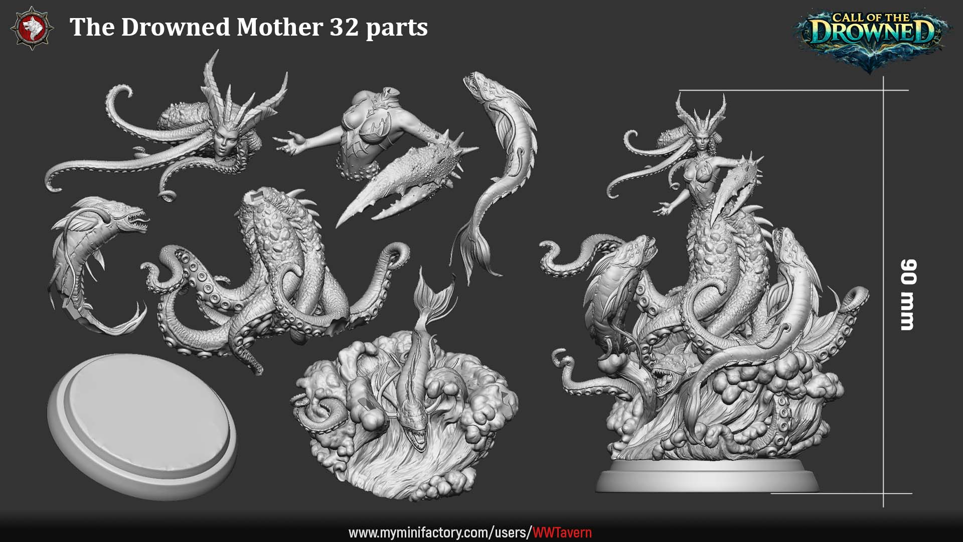 The Drowned Mother 32mm miniature parts layout showing assembly components and creature details