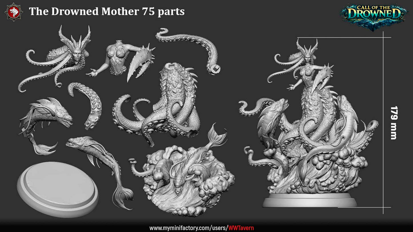 The Drowned Mother 75mm display miniature parts layout showing assembly components and creature details