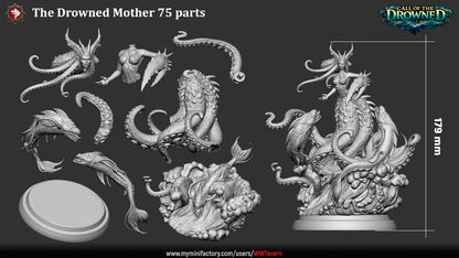 The Drowned Mother 75mm display miniature parts layout showing assembly components and creature details