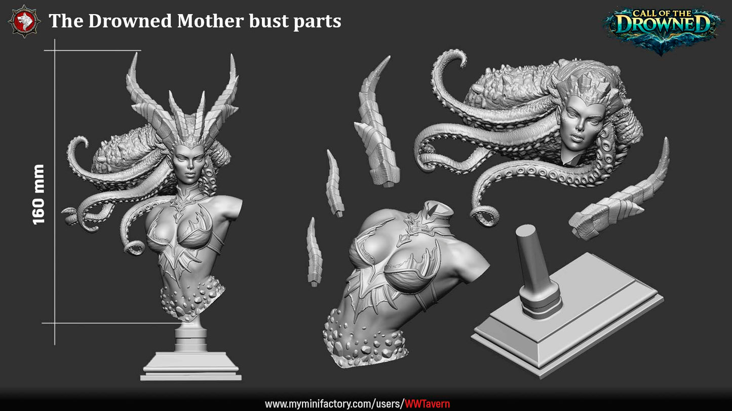 The Drowned Mother bust display parts layout showing assembly components and creature details
