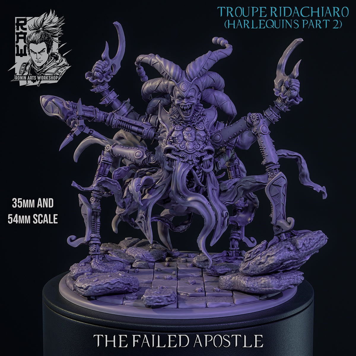 The Failed Apostle harlequin demon monster gray render with mechanical spider appendages hooked clown blades exposed flesh warped jester armor and horror resin miniature details