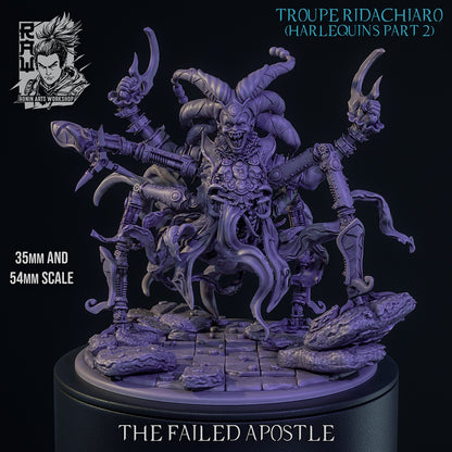 The Failed Apostle harlequin demon monster gray render with mechanical spider appendages hooked clown blades exposed flesh warped jester armor and horror resin miniature details