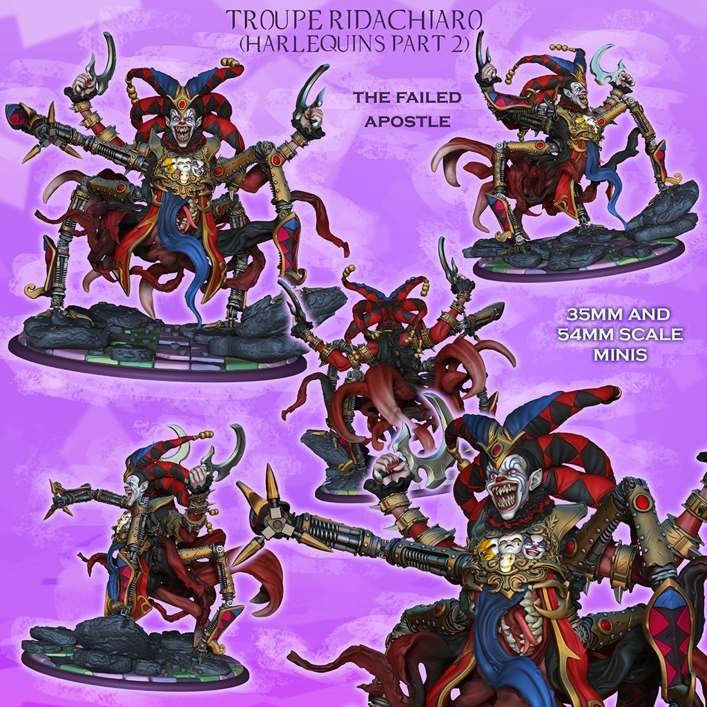 The Failed Apostle harlequin demon monster resin miniature collage render featuring twisted jester face mechanical spider limbs hooked blades exposed ribs flowing tendrils and grimdark horror tabletop styling