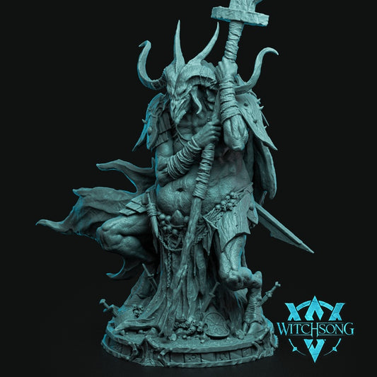 The Fallen Minotaur resin miniature with giant horned skull helm massive warhammer ragged armor and dark fantasy minotaur boss styling for Dungeons and Dragons Pathfinder and tabletop RPG campaigns