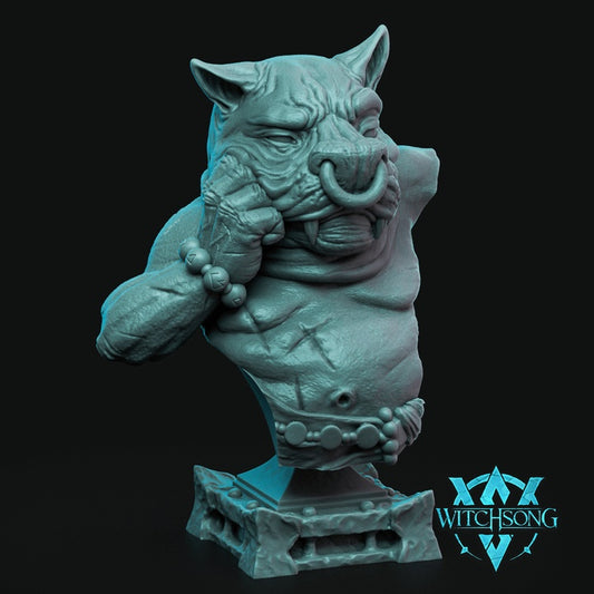 The Gate Watcher gargoyle bust resin display model featuring a monstrous boar face ritual jewelry scarred skin and fantasy dungeon guardian details for Dungeons and Dragons collectors