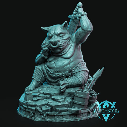 The Gate Watcher gargoyle resin miniature with boar-like face seated pose ritual beads curved blade and grotesque fantasy guardian styling for Dungeons and Dragons Pathfinder and tabletop RPGs