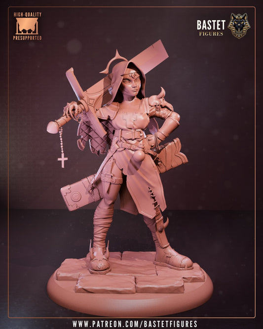 Unpainted assassin nun figure front view showing armor, hooded habit, sword and rosary weapon details