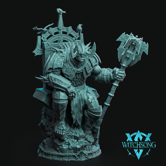 The Troll Overseer troll resin miniature seated on a stone throne with giant warhammer spiked armor horned helmet and monstrous fantasy boss styling for Dungeons and Dragons Pathfinder and tabletop RPGs