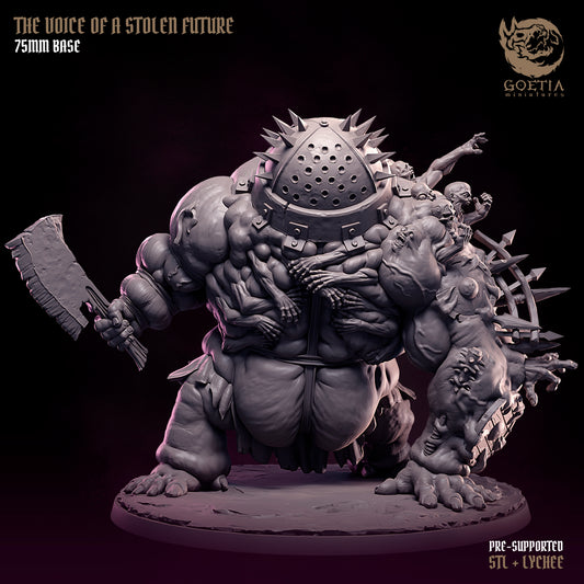 The Voice of a Stolen Future flesh horror resin miniature with fused bodies spiked execution mask giant cleaver grotesque mutant monster grimdark Dungeons and Dragons Mork Borg Shadowdark miniature