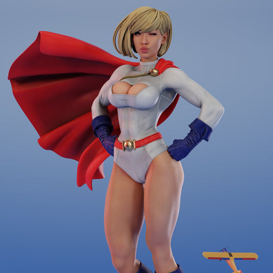 Powergirl DC Comics 1:6 scale figure unpainted parts layout including multiple portraits, torso, arms, legs, cape options, base pieces, and accessories