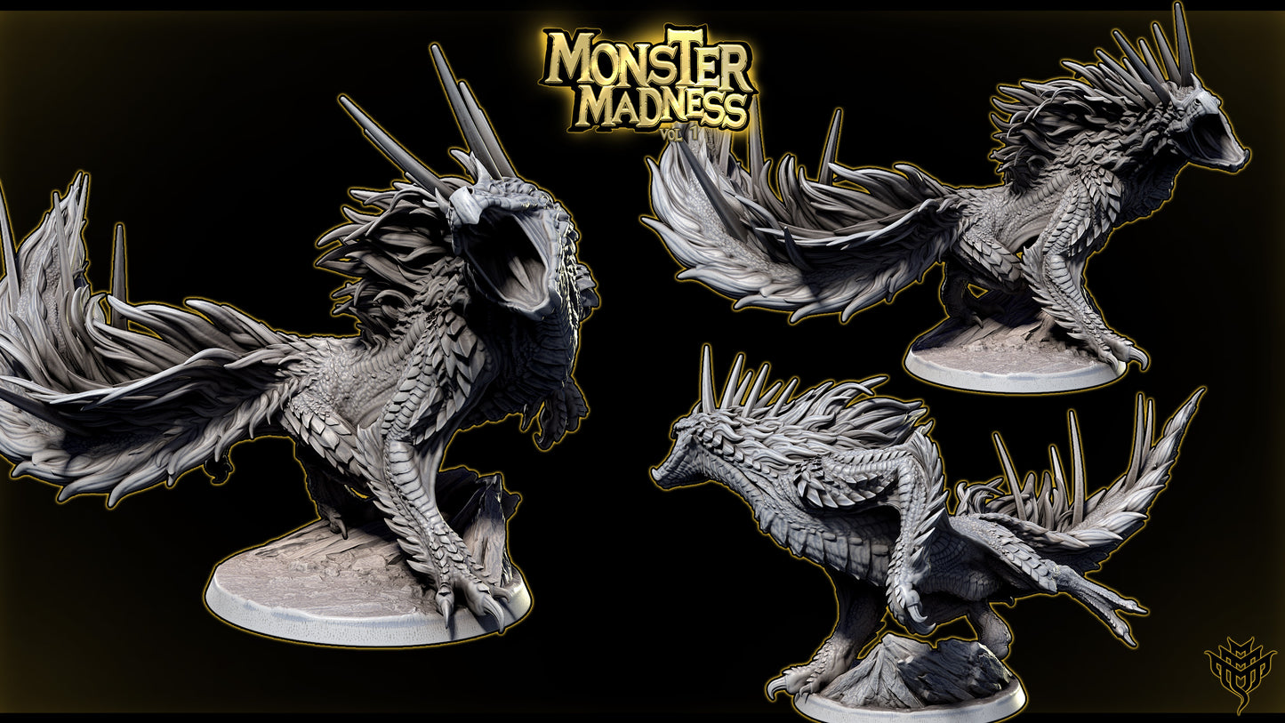 Todach Odogaron inspired fanged wyvern miniature side view showing exposed scales, dorsal spikes, elongated body, bladed tail, Monster Hunter inspired hunt monster