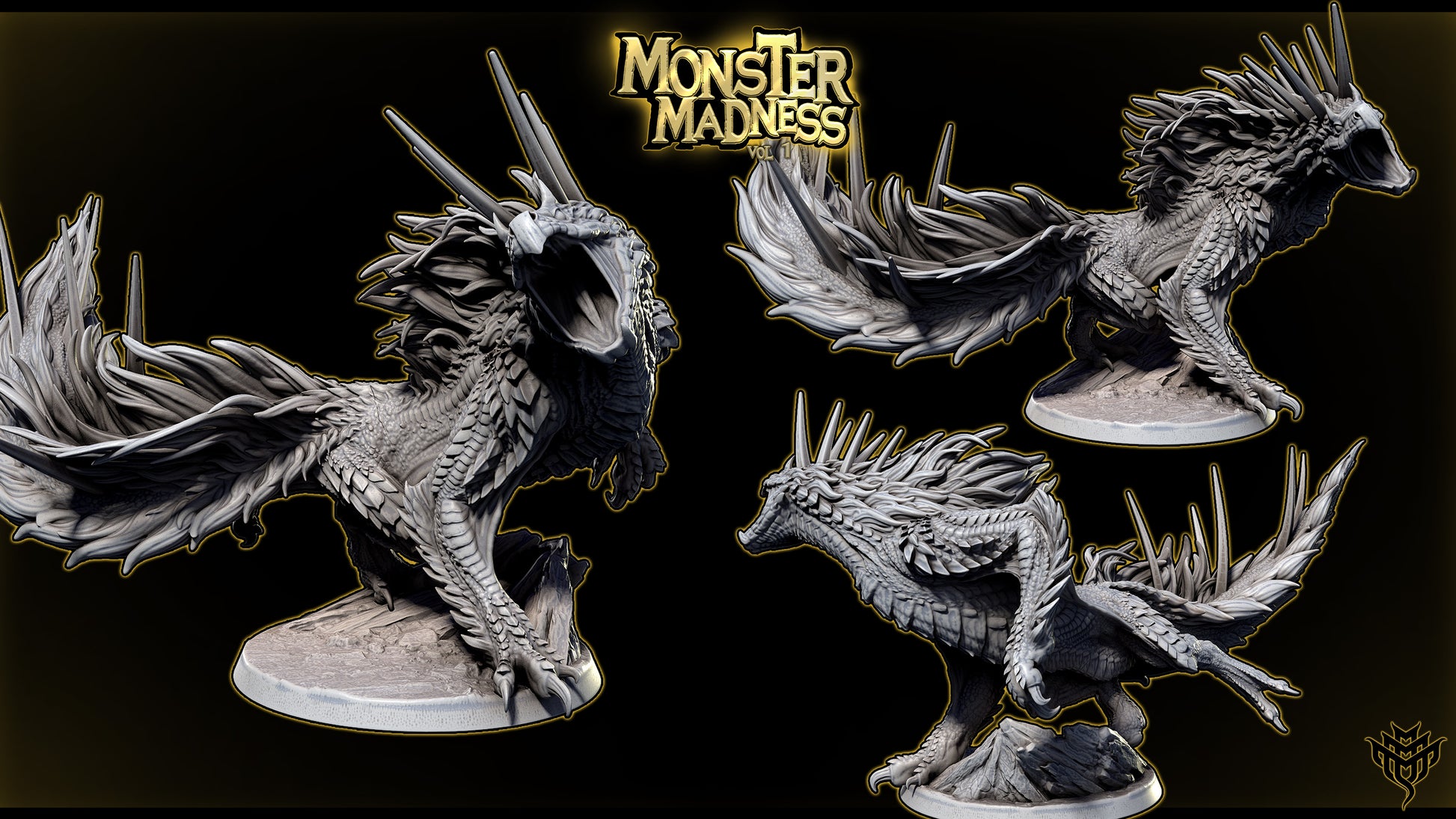 Todach Odogaron inspired fanged wyvern miniature side view showing exposed scales, dorsal spikes, elongated body, bladed tail, Monster Hunter inspired hunt monster