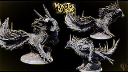 Todach Odogaron inspired fanged wyvern miniature side view showing exposed scales, dorsal spikes, elongated body, bladed tail, Monster Hunter inspired hunt monster