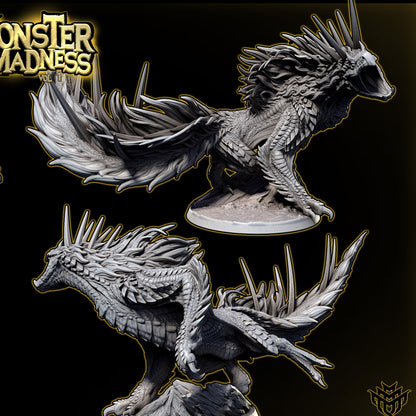 Todach fanged wyvern monstrosity miniature front three quarter view with open jaws, forward leaning predatory stance, spiked scales and clawed limbs, Dungeons and Dragons monster