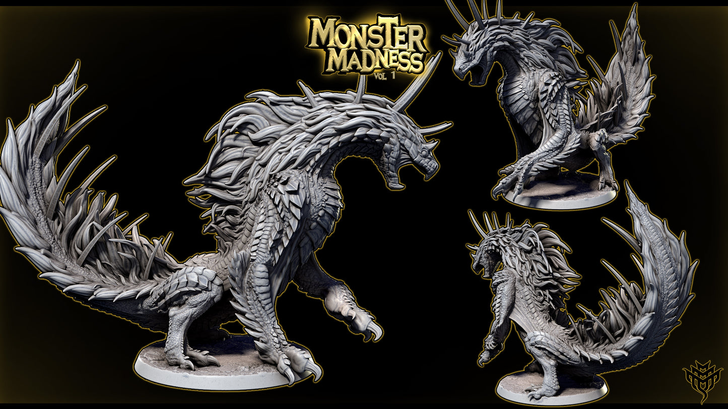 Todach Odogaron inspired fanged wyvern miniature dynamic action pose with lunging body, raised claws, exposed scales and spines, tabletop RPG boss monster