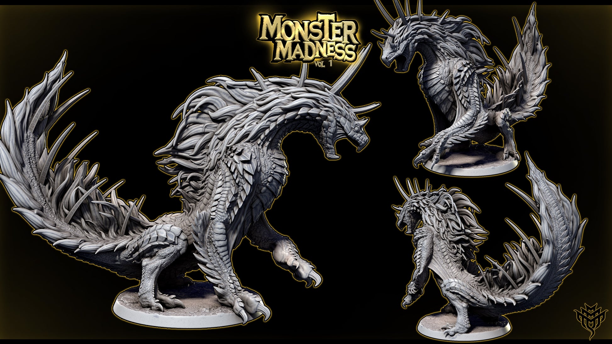 Todach Odogaron inspired fanged wyvern miniature dynamic action pose with lunging body, raised claws, exposed scales and spines, tabletop RPG boss monster