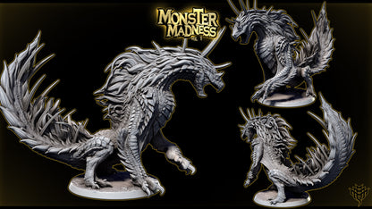 Todach Odogaron inspired fanged wyvern miniature dynamic action pose with lunging body, raised claws, exposed scales and spines, tabletop RPG boss monster