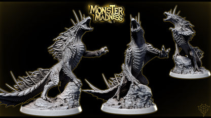 Todach Odogaron inspired monster miniature showing layered spikes, muscular hind legs, weaponized tail, Monster Hunter style predator creature