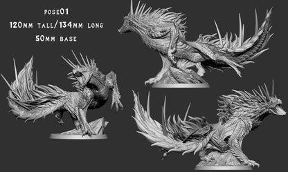Todach Odogaron inspired fanged wyvern miniature scale reference image, quadrupedal spiked and scaled Monster Hunter style creature shown next to scale marker, Monster Madness Vol 1