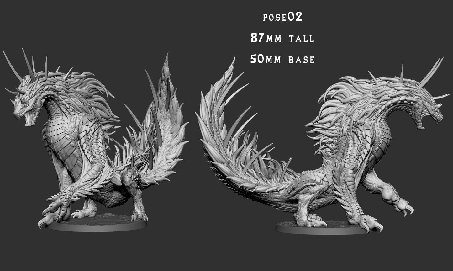 Todach fanged wyvern miniature scale reference image second pose, Monster Hunter inspired spiked drake creature displayed with scale comparison, Monster Madness Vol 1