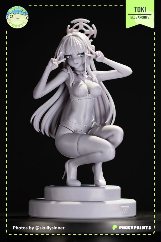 Toki Blue Archive grey resin front render with crouched pose thigh high stockings halo accessory and long hair