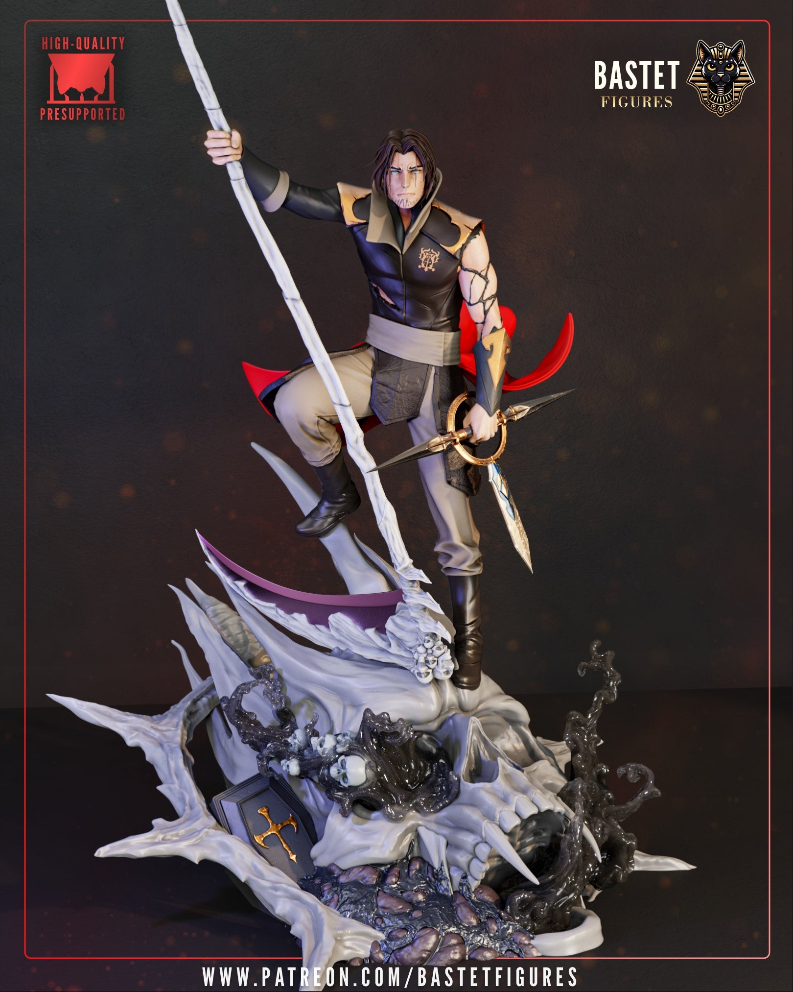 Trevor Belmont Castlevania 1:8 scale statue front view demon skull base spear dagger combat pose