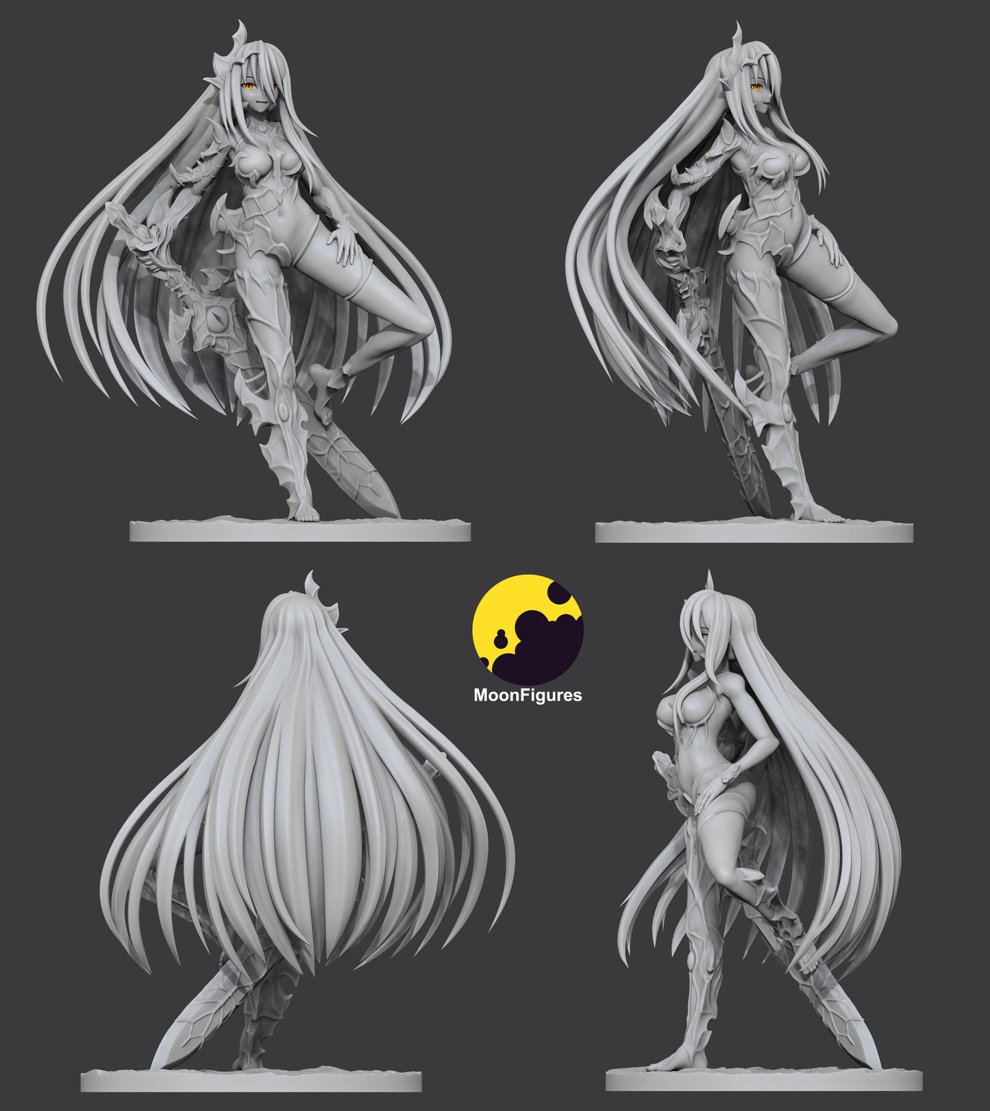 Cursed Sword figure turnaround showing front, side, and back views with flowing hair, demonic armor plating, long organic sword, raised leg pose, and textured rocky base for Monster Girl Encyclopedia display.