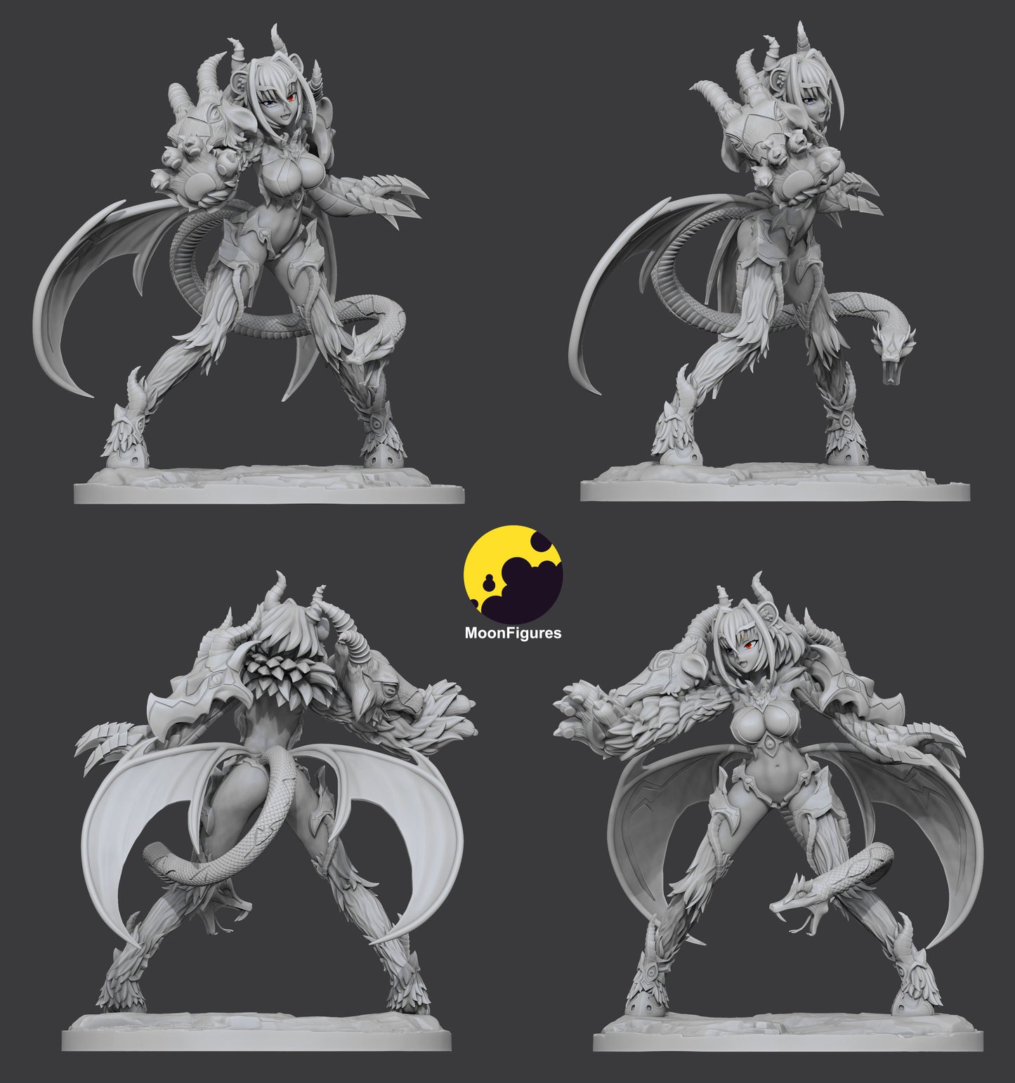 Chimera figure turnaround showing front, side, and back views with dragon wings, clawed gauntlet, horned head, serpent tail, armored legs, and rocky base for Monster Girl Encyclopedia display.