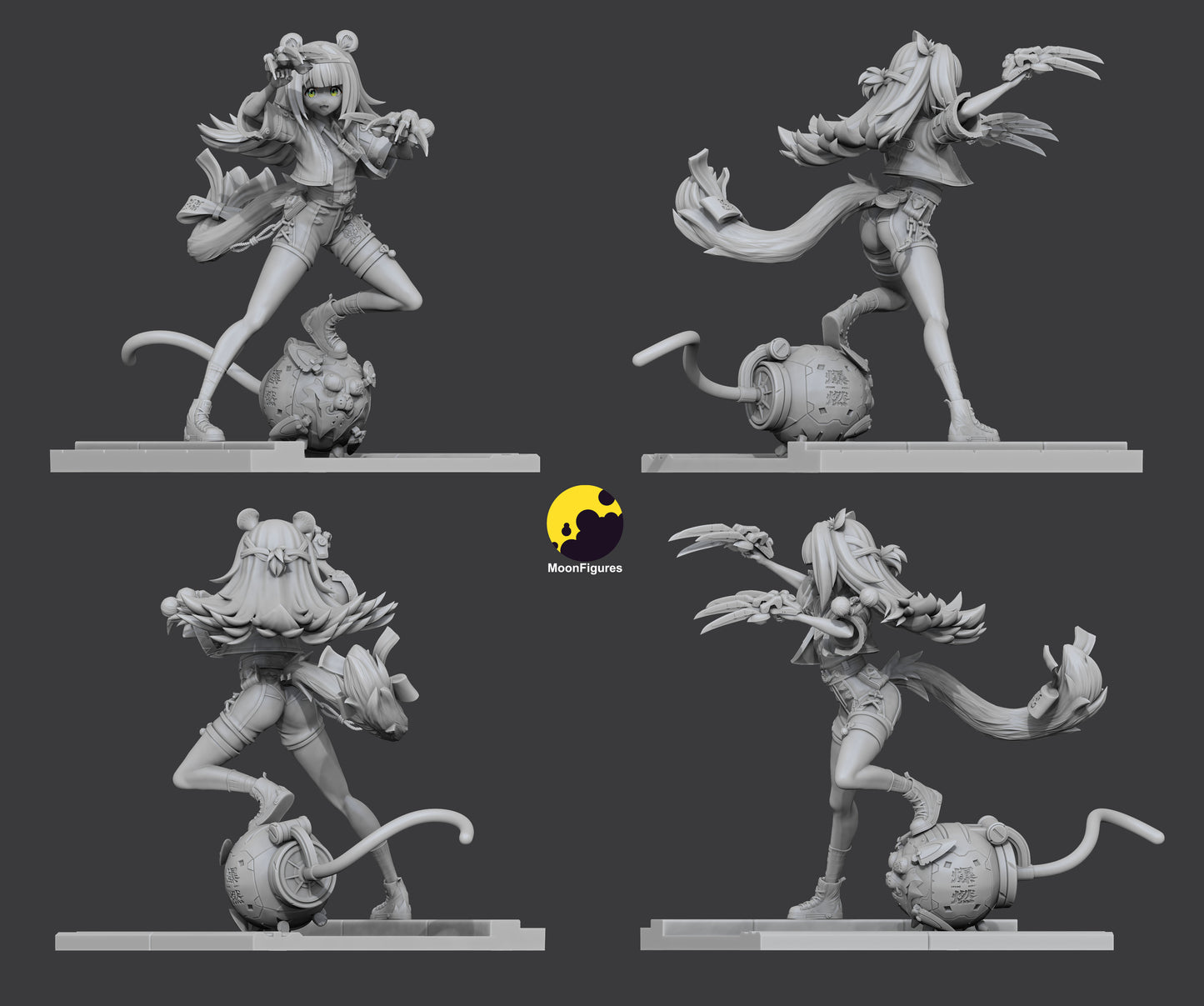 Ju Fufu Zenless Zone Zero 1:8 scale figurine grayscale turn views dynamic clawed stance with orb companion