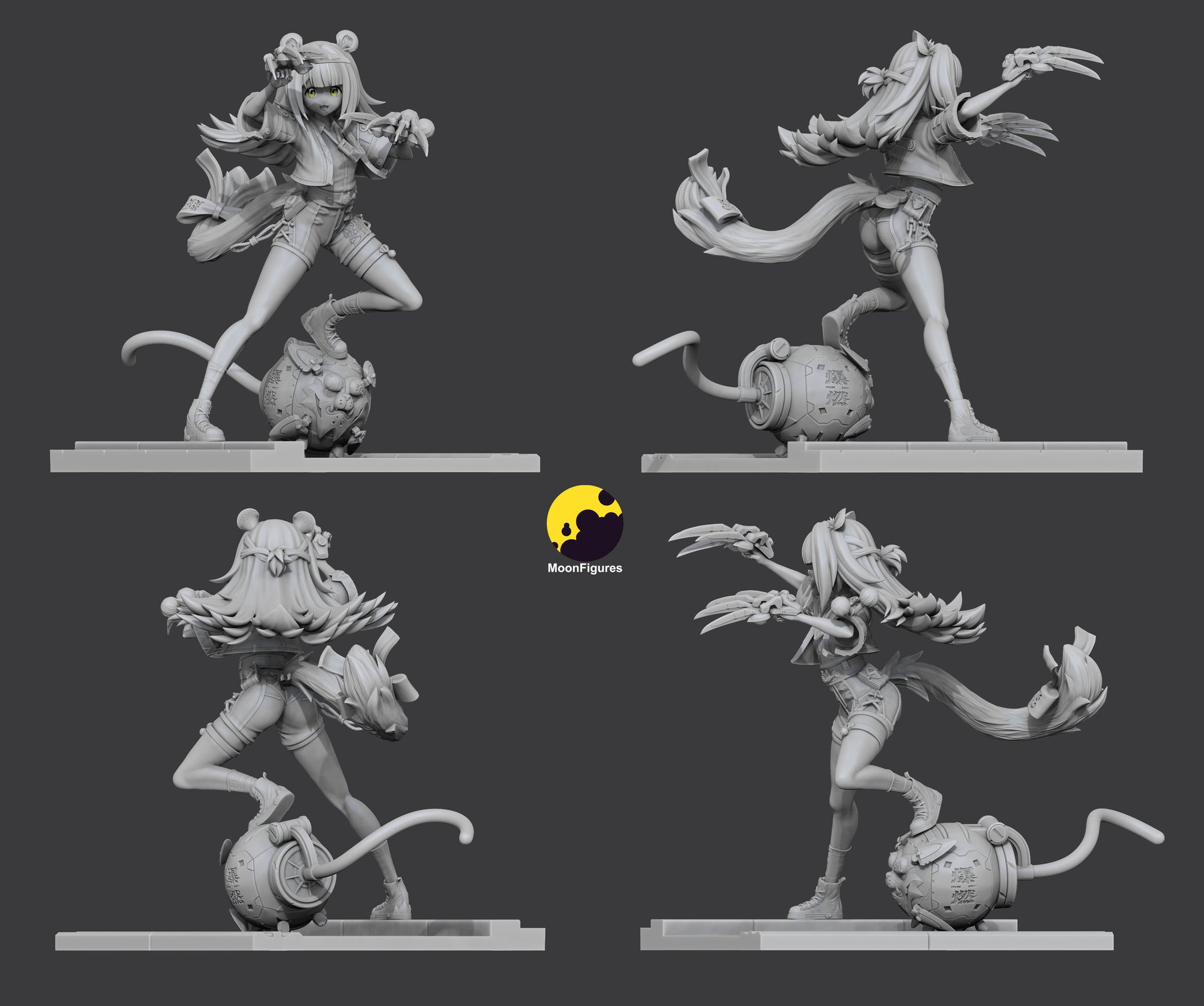 Ju Fufu Zenless Zone Zero 1:8 scale figurine grayscale turn views dynamic clawed stance with orb companion