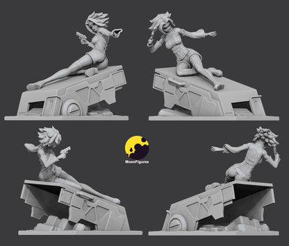 Kallen Kōzuki figure turnaround showing front, side, and back views with seated pose on mechanical rubble, handgun in hand, stylized hair, fitted outfit, boot details, and angled debris platform.