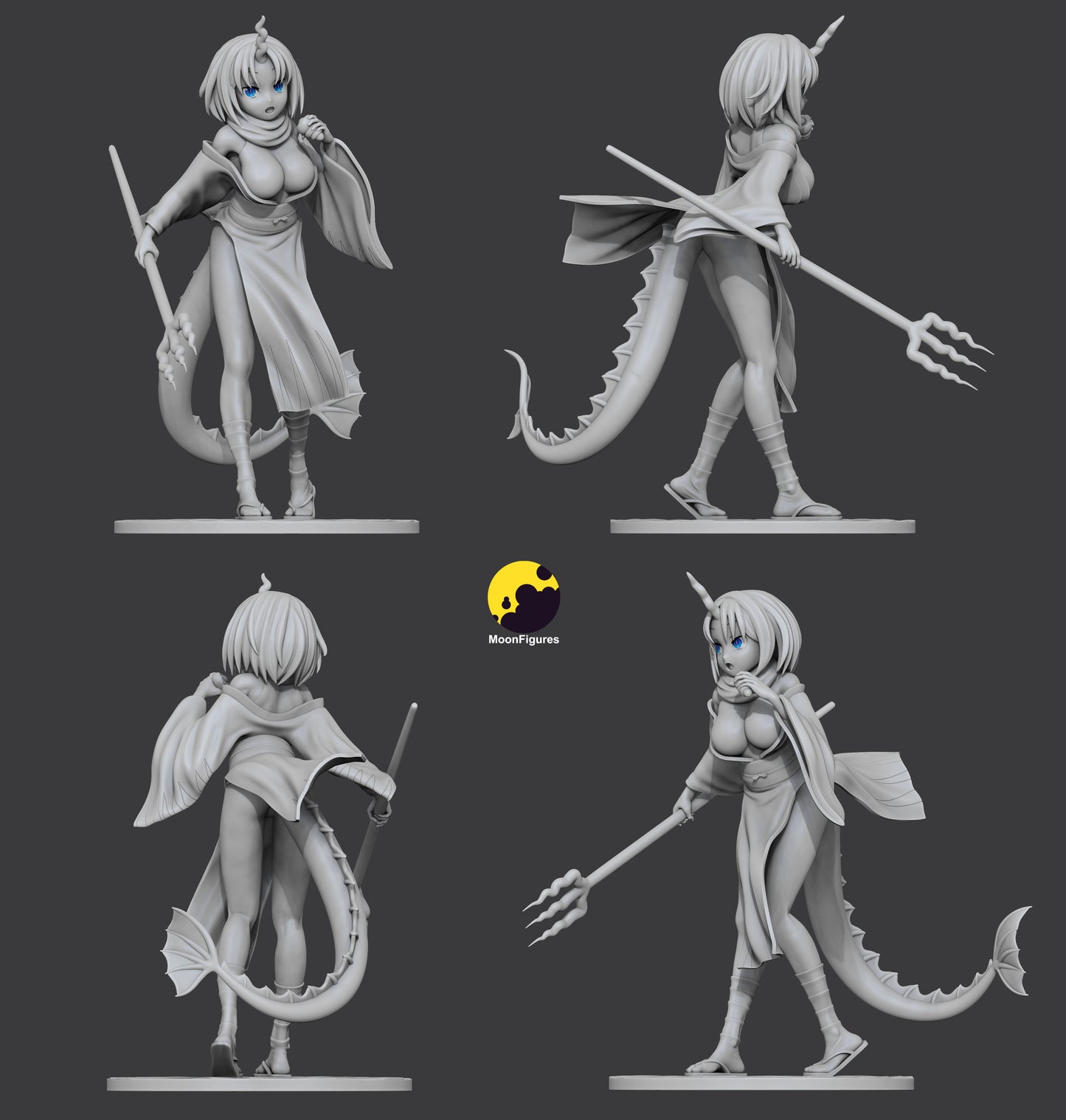 Elma Miss Kobayashi’s Dragon Maid 1:8 scale figurine grayscale render multiple turn views showing horn tail and outfit