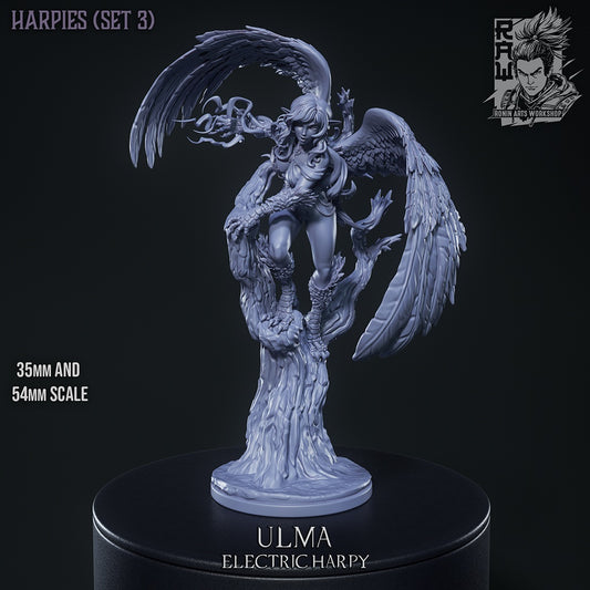 Ulma electric harpy miniature gray render perched on twisted tree trunk with wings extended and lightning forming in hand, fantasy storm monster for Dungeons and Dragons 35mm 54mm