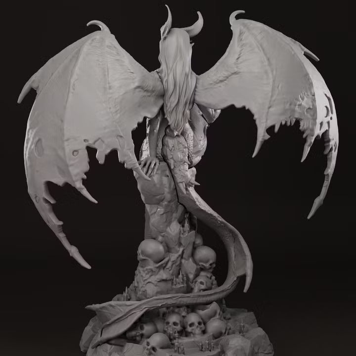 Evadne rear view with long hair and tattered wings extended behind tail and skull base

