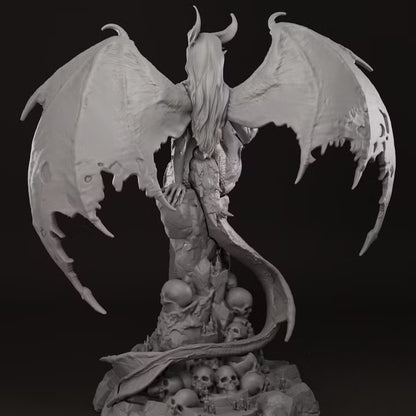 Evadne rear view with long hair and tattered wings extended behind tail and skull base

