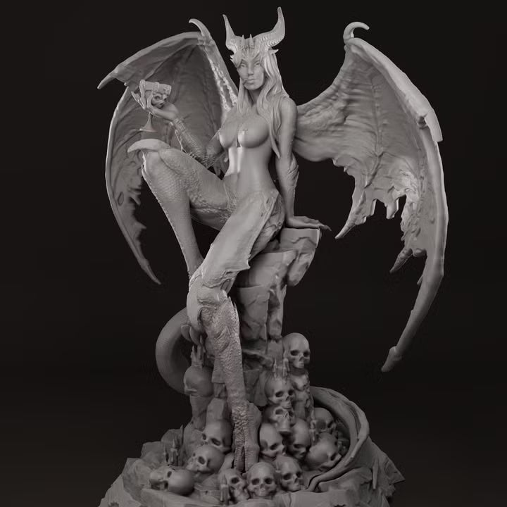 Evadne full-figure frontal view, seated on rocky throne of skulls with raised leg, wings open