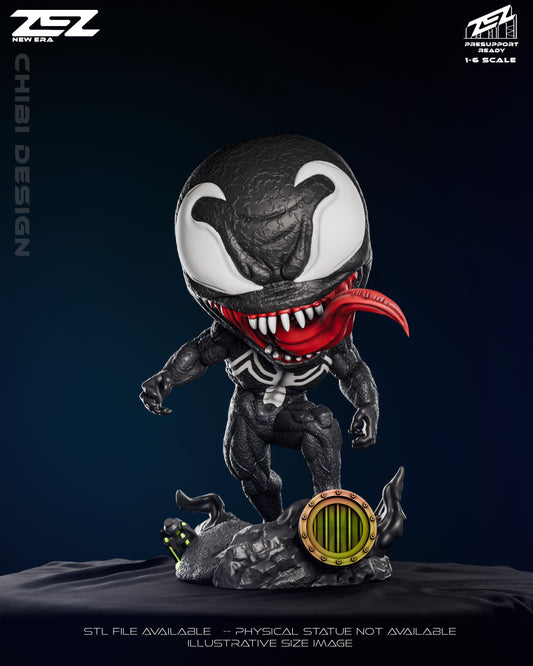 Chibi Venom collectible figure front view showing large head, extended tongue, and muscular pose on sewer base.