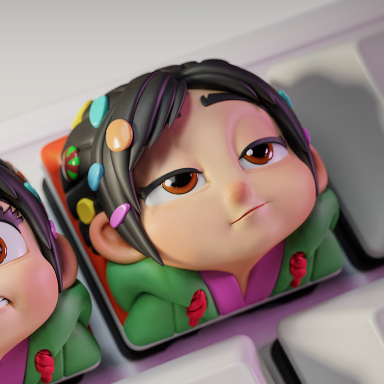 Keyboard with cartoon character keycaps featuring a girl with different expressions.