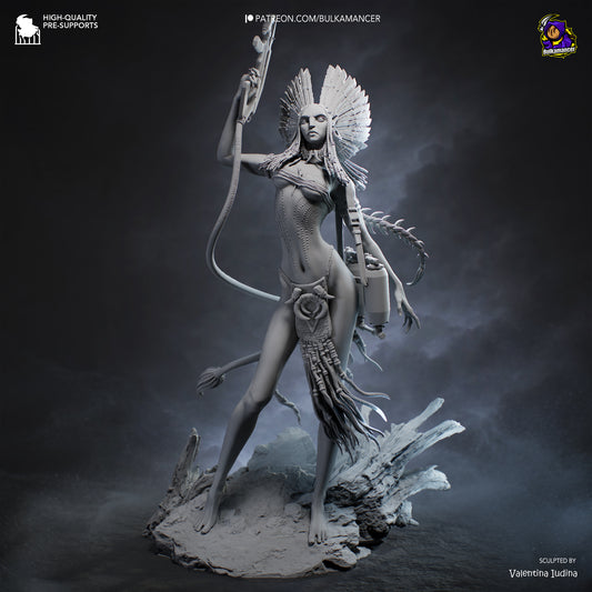 varang avatar resin statue unpainted front view tribal female sculpt headdress weapon pose