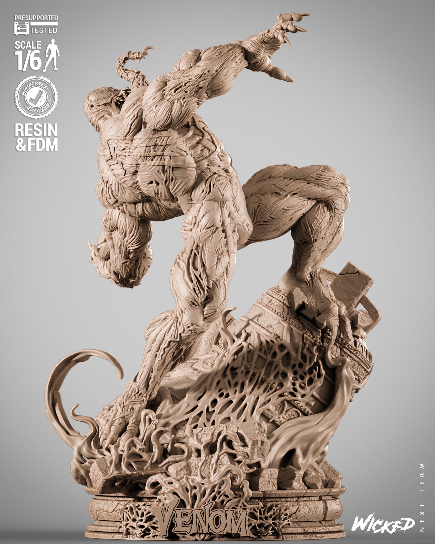 Venom Marvel Comics 1:6 scale statue front view, symbiote crouched on broken pillar base with tendrils flowing and claws extended