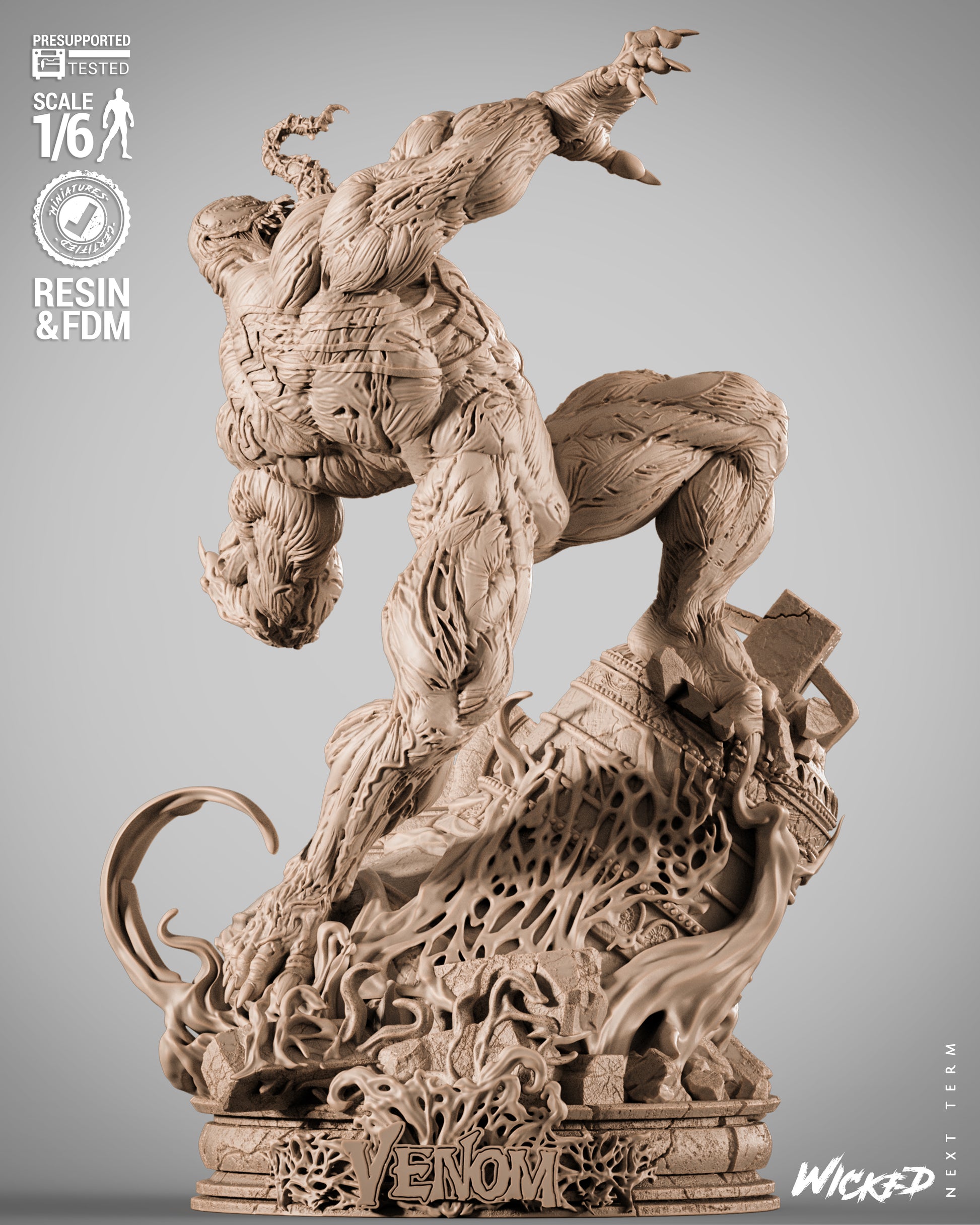 Venom Marvel Comics 1:6 scale statue front view, symbiote crouched on broken pillar base with tendrils flowing and claws extended