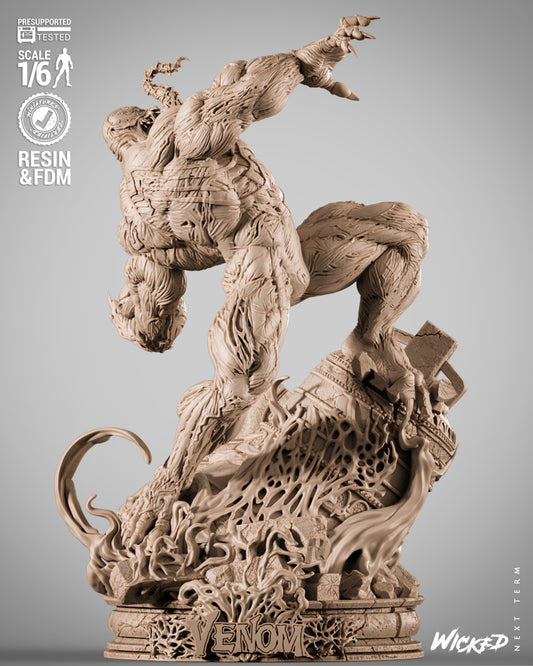 Venom Marvel Comics 1:6 scale statue front view, symbiote crouched on broken pillar base with tendrils flowing and claws extended