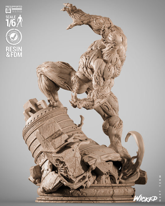 Venom Marvel statue side profile, muscular symbiote mid-pose standing over shattered stone column with dynamic tentacles