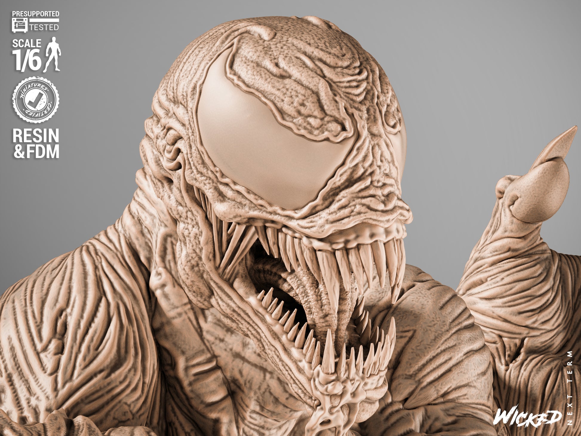 Venom classic head sculpt close-up with wide jaws, long tongue, serrated teeth and textured symbiote surface
