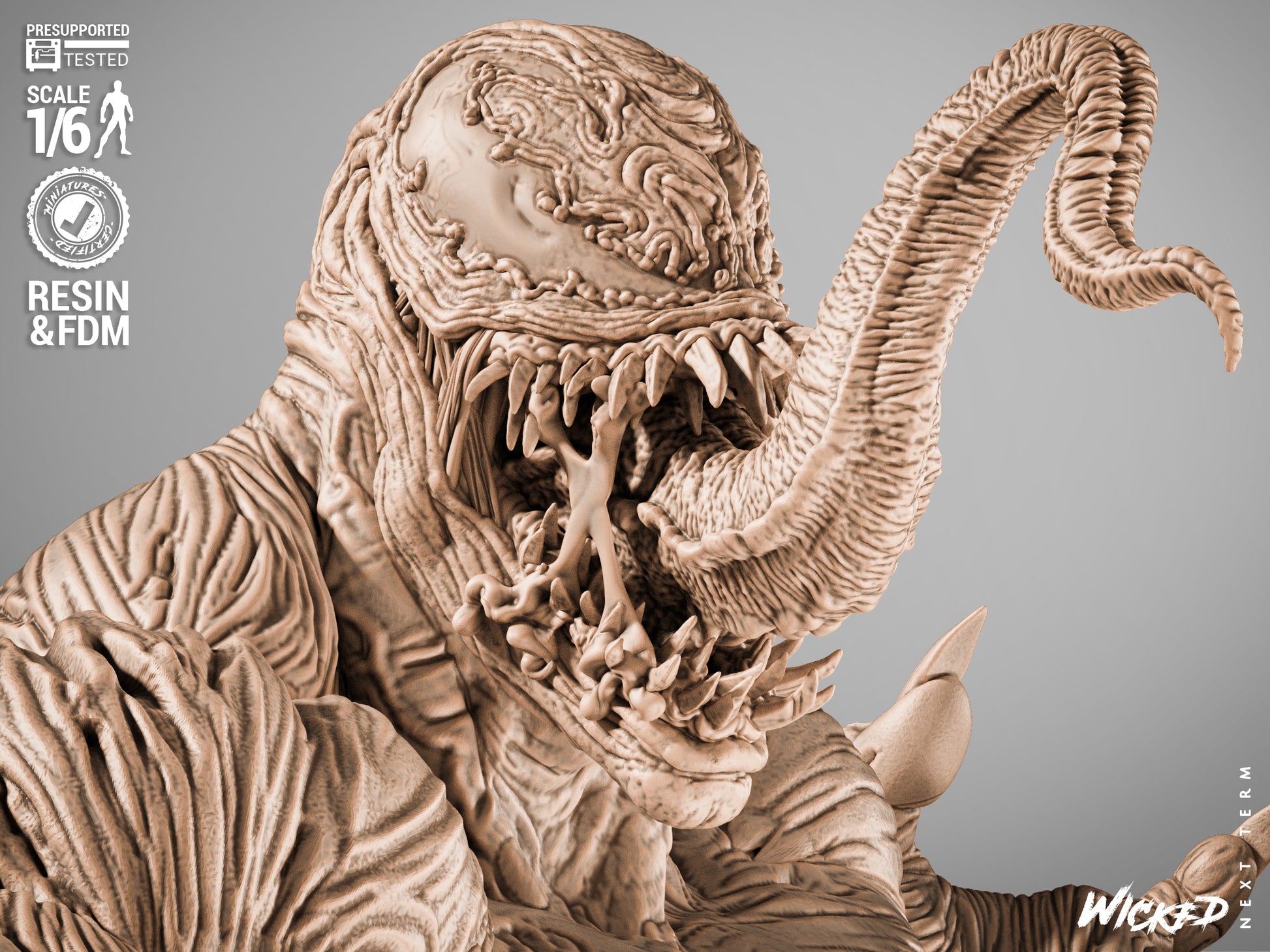 Venom snarling head sculpt with massive open jaws, layered fangs and curling tongue detail