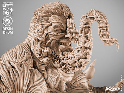 Venom close-up statue portrait with extended tongue, exaggerated fangs and symbiote vein texture