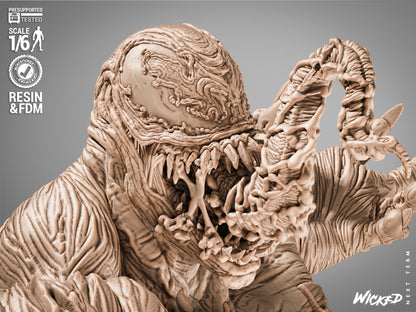 Venom Marvel Comics portrait with exposed host face and symbiote partially covering features, extended tendril and sharp teeth detail
