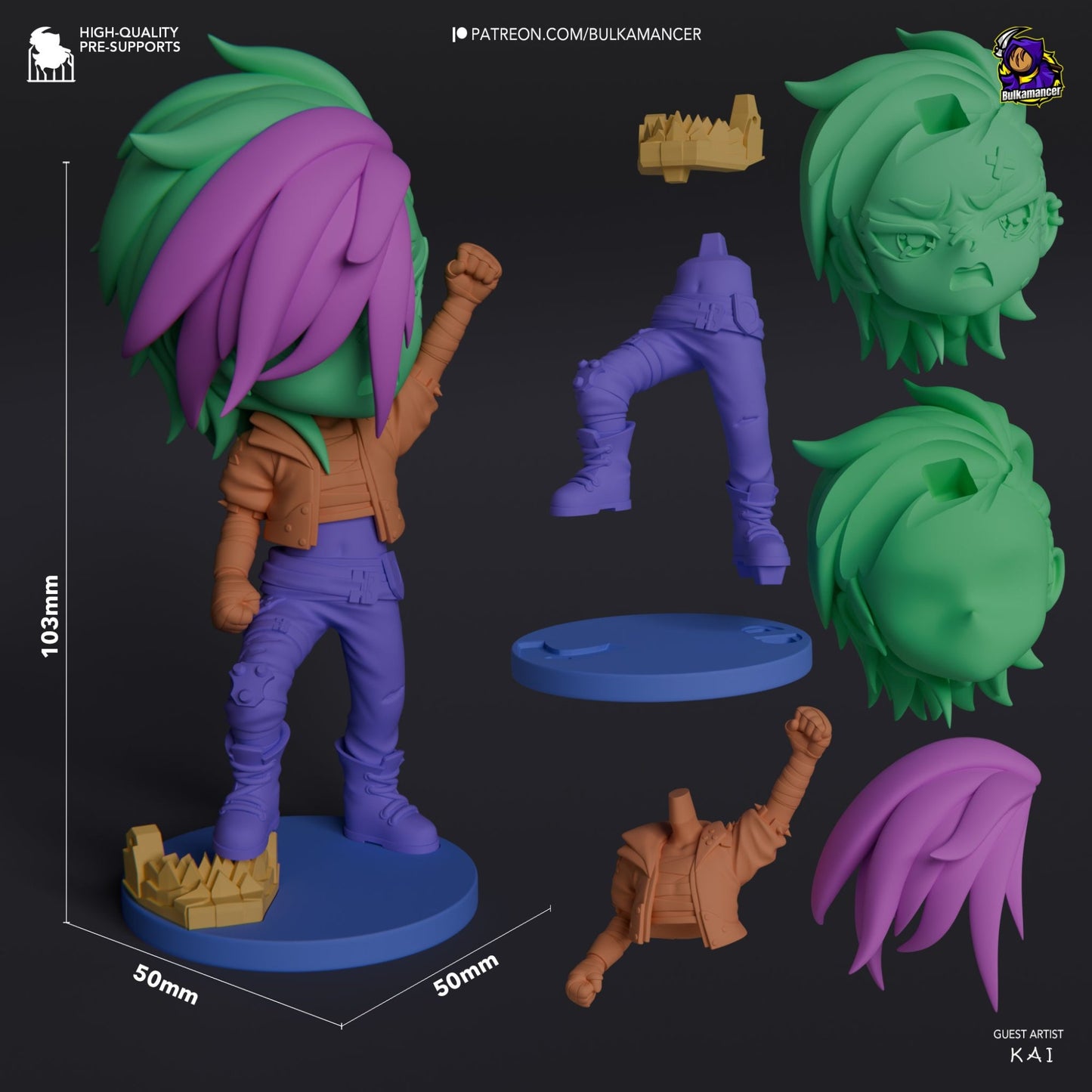 Breakdown of Chibi Vi figurine parts, showing detailed components including her head, body, arms, and base with dimensions highlighted.