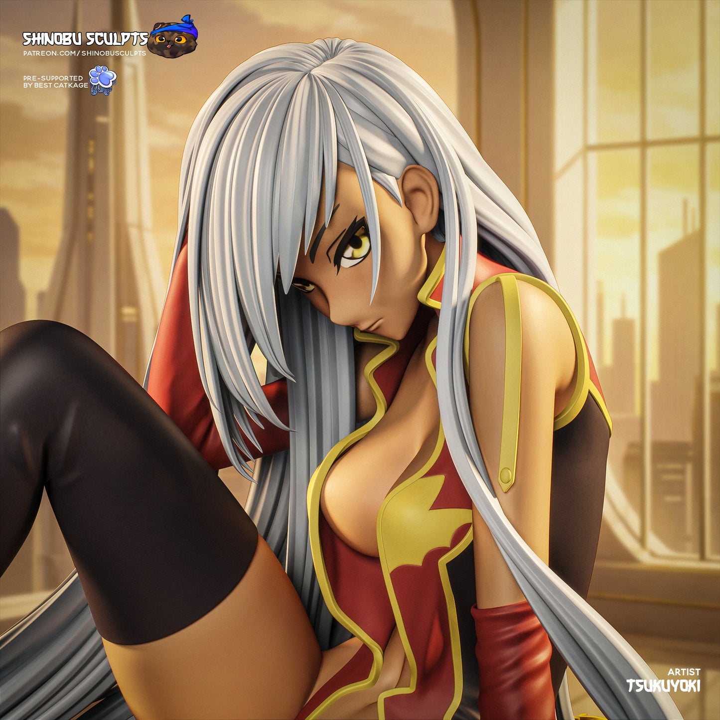 Viletta Nu Code Geass painted render seated figure close up showing face hair outfit and expression