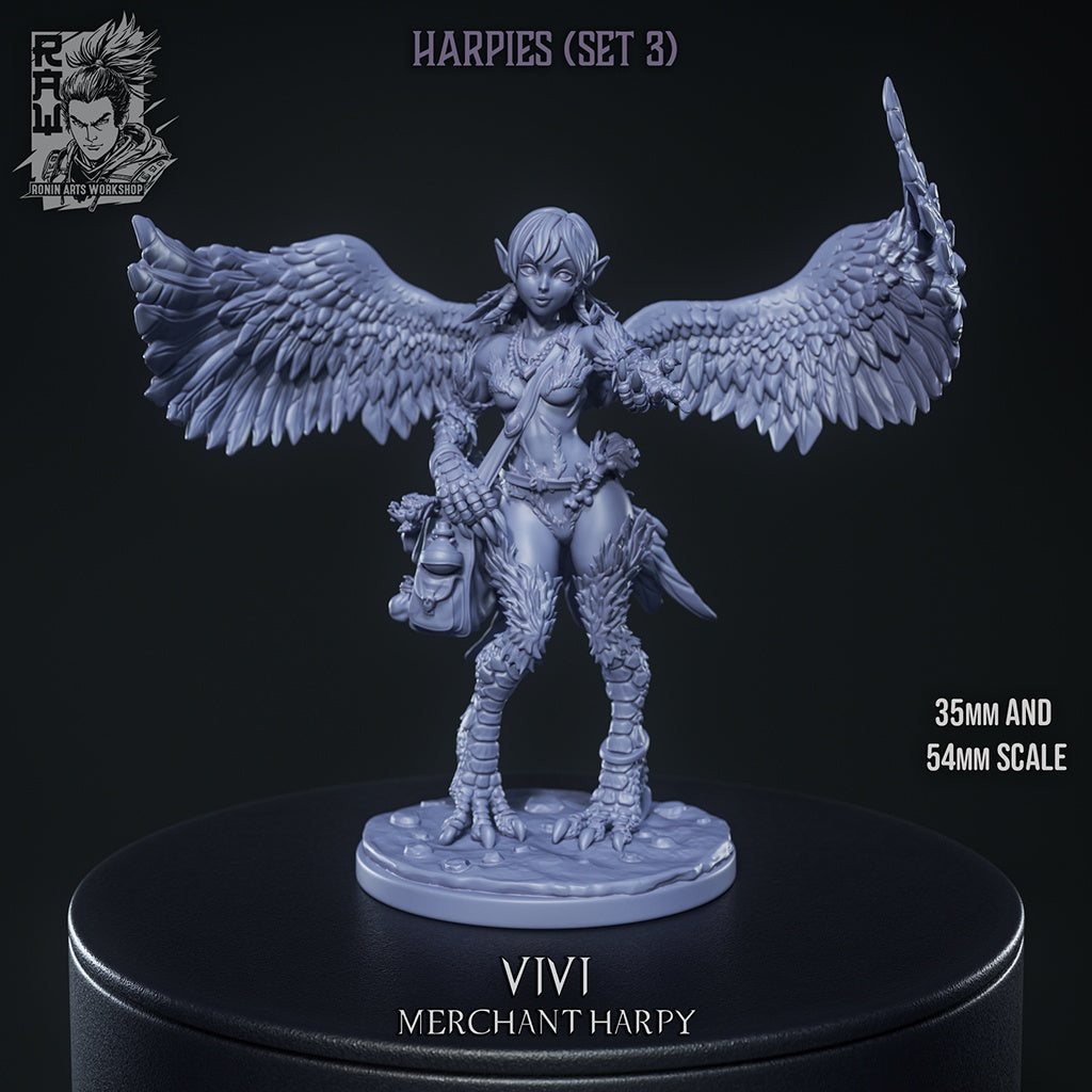 Vivi harpy merchant miniature gray render with large feathered wings spread wide, taloned bird legs, shoulder satchel, fantasy NPC for Dungeons and Dragons 35mm 54mm scale